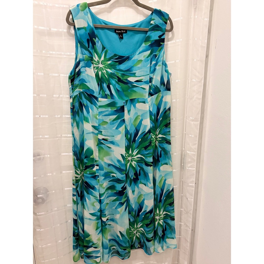 Dana Kay Blue Green Tropical Floral Sleeveless Midi Dress Size 18 Empire Waist